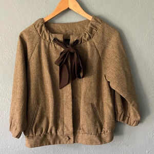Attention Wool Blend Tie Neck Jacket Balloon Sleeve Brown Medium